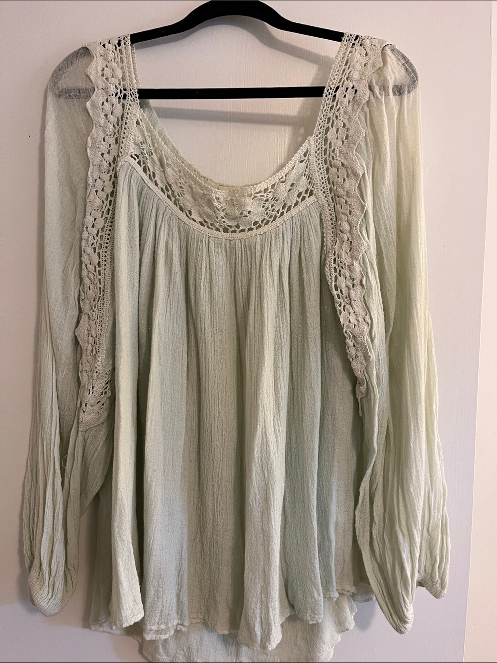Jen’s Pirate Booty Tunic seafoam green with beautiful crochet detail